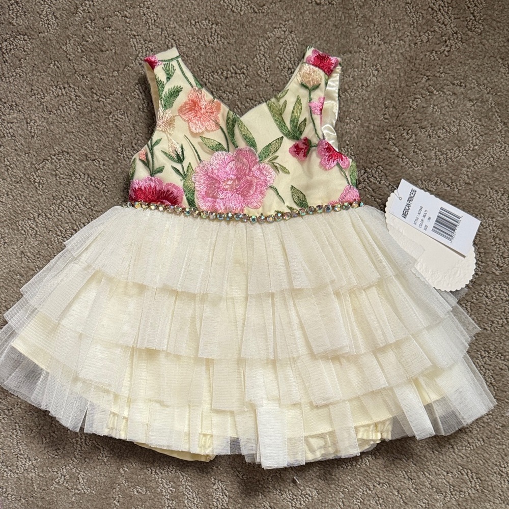 American Princess Cream Floral Tulle Ruffle Dress